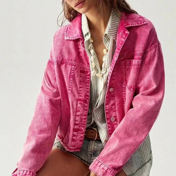 Hot Pink Casual Women's Loose Fit Dropped Shoulder Long Sleeve Washed Jacket - Picture 6 of 8